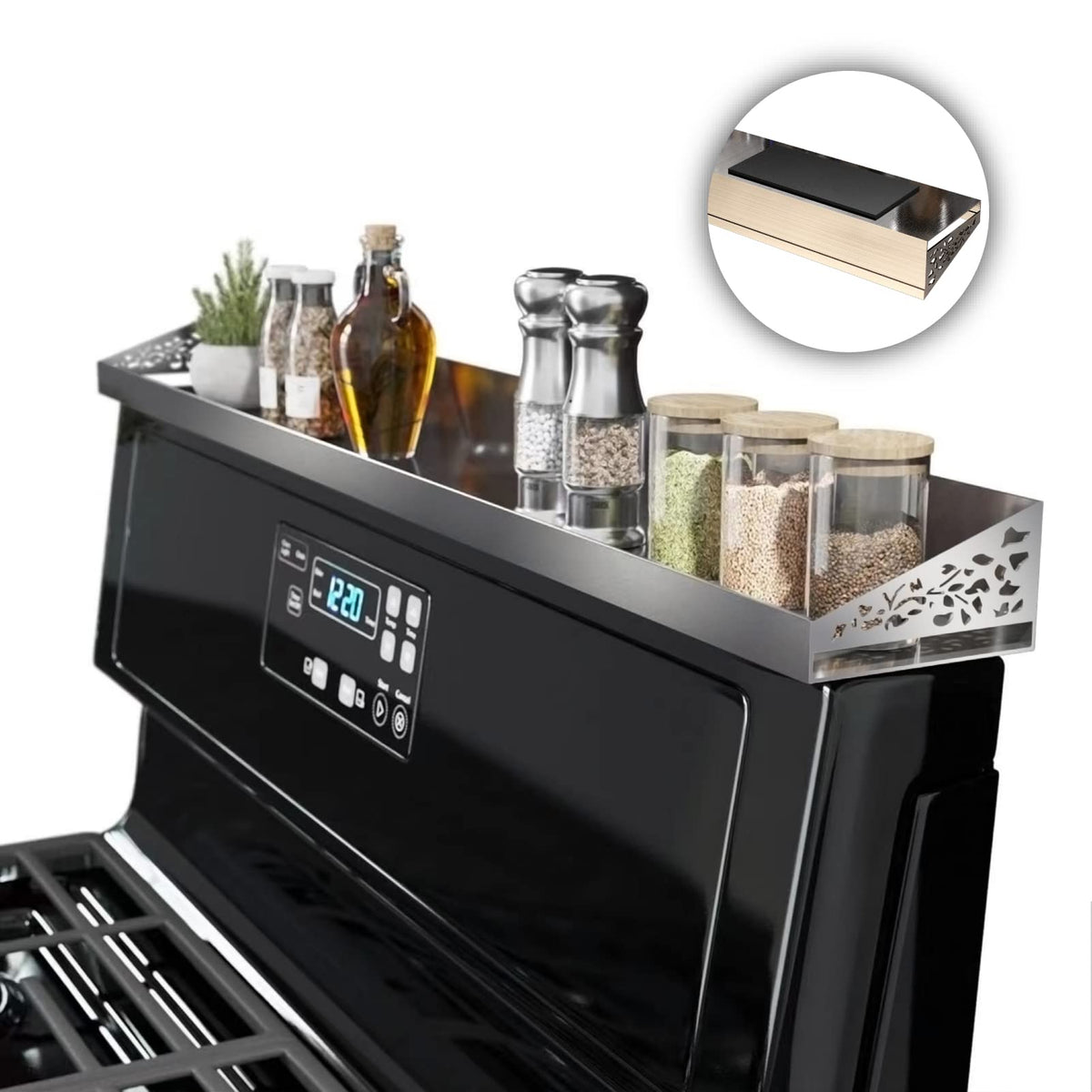 STUTOV 30-inch magnetic stove top shelf offers neat, accessible spice storage.