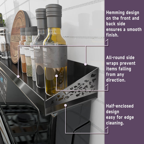STUTOV over-stove spice rack keeps oils and condiments within reach.