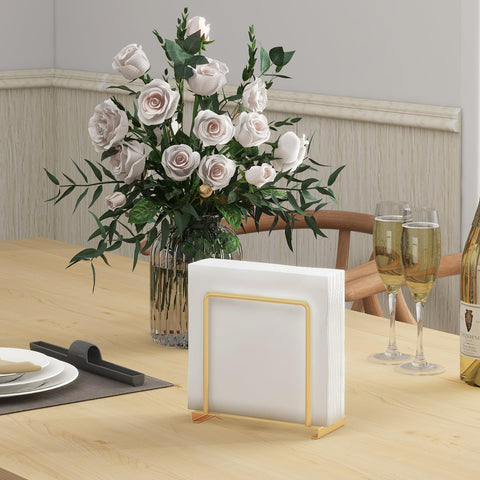 STWWO gold metal napkin holder with non-slip pads protects surfaces.