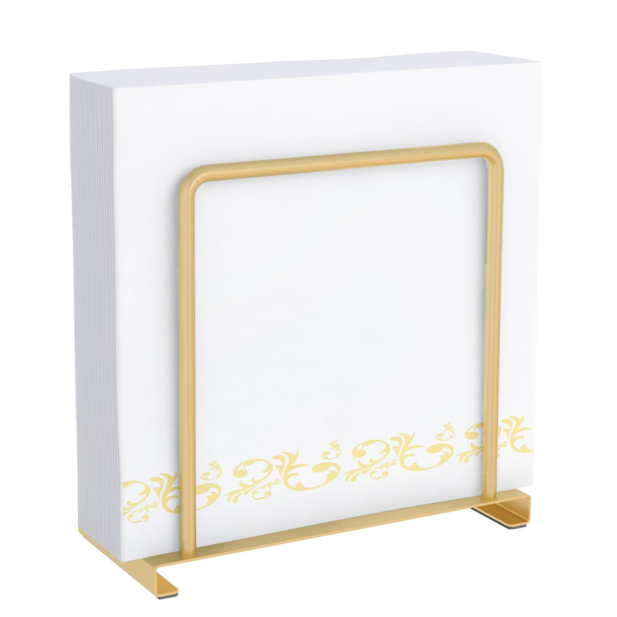 STWWO gold napkin holder on table keeps napkins neat and accessible.