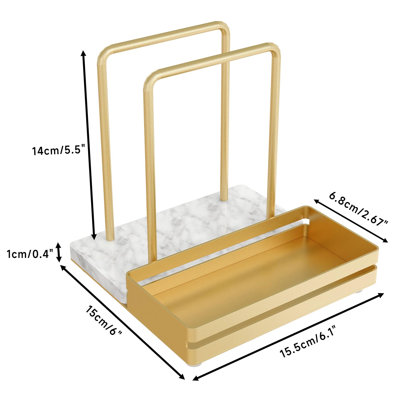 Gold metal frame complements marble base for elegant table decor and quick napkin access.