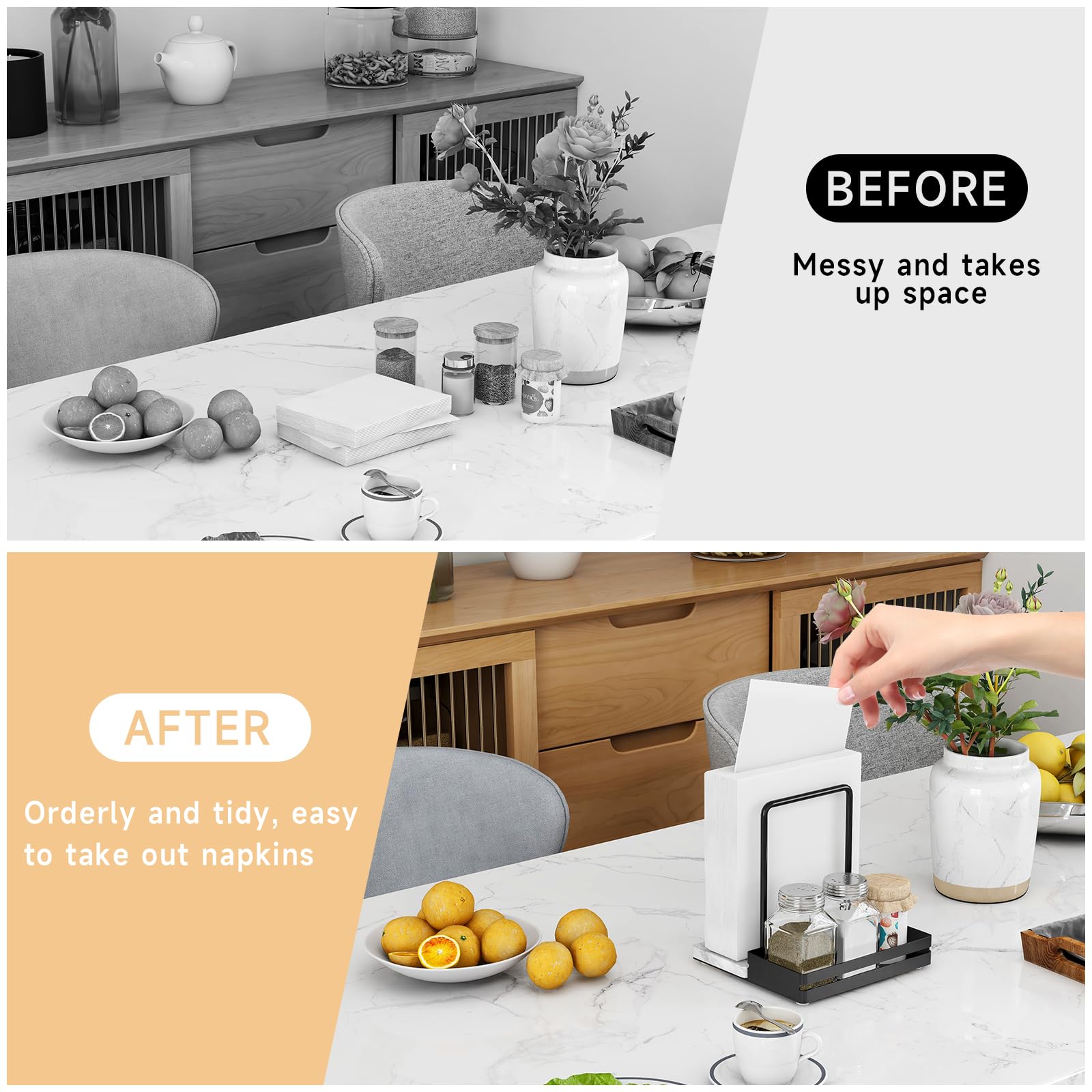STWWO standing napkin storage keeps napkins and seasonings within reach