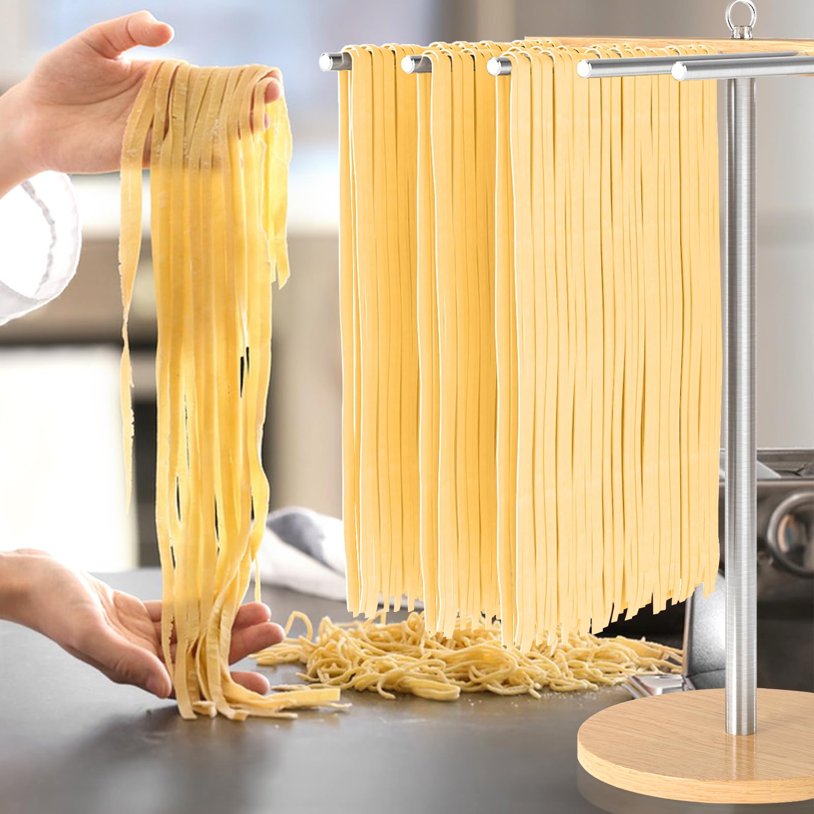 STWWO pasta drying rack arms keep noodles evenly spaced to prevent sticking.