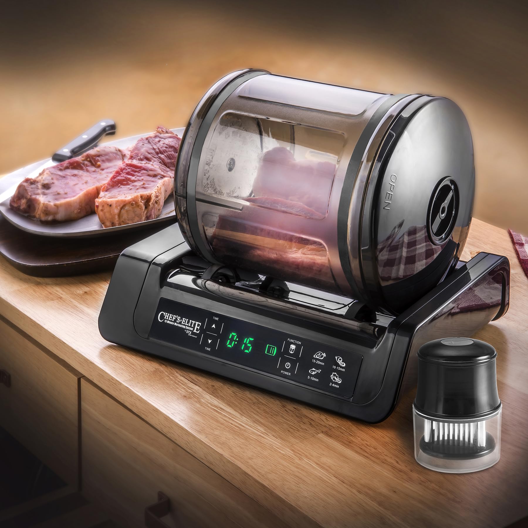 STX International Chef's Elite meat tenderizer prepares dense cuts for marinade.