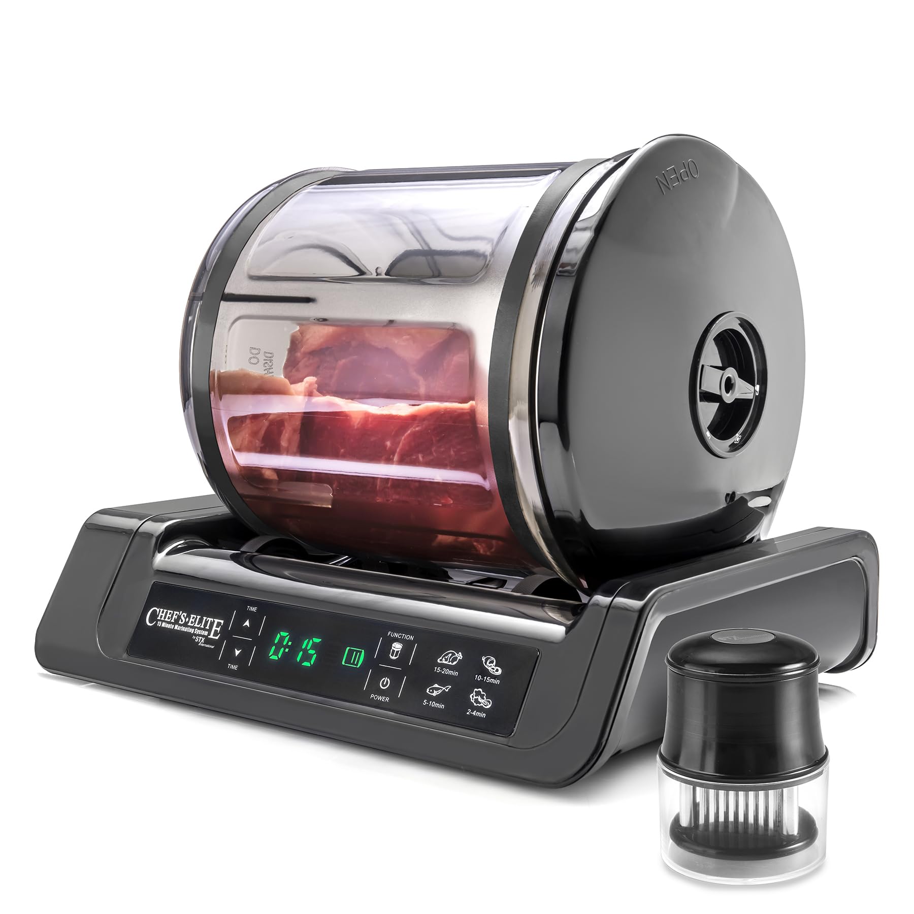 STX International Chef's Elite vacuum marinating drum enables fast flavor infusion.