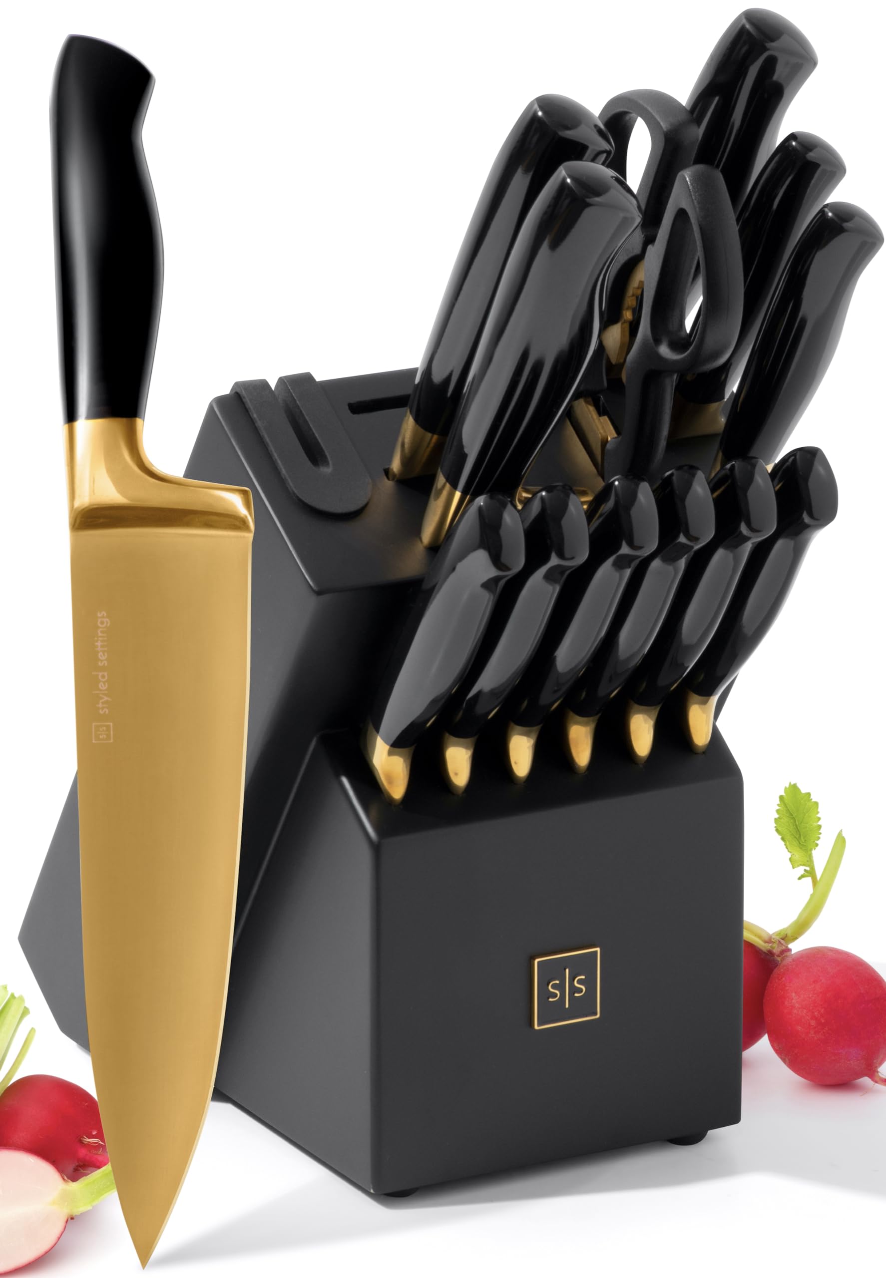 Styled Settings black-gold knife set on countertop for chic meal prep