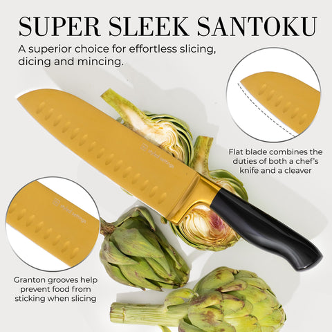 Styled Settings block and knives complement modern gold kitchen decor
