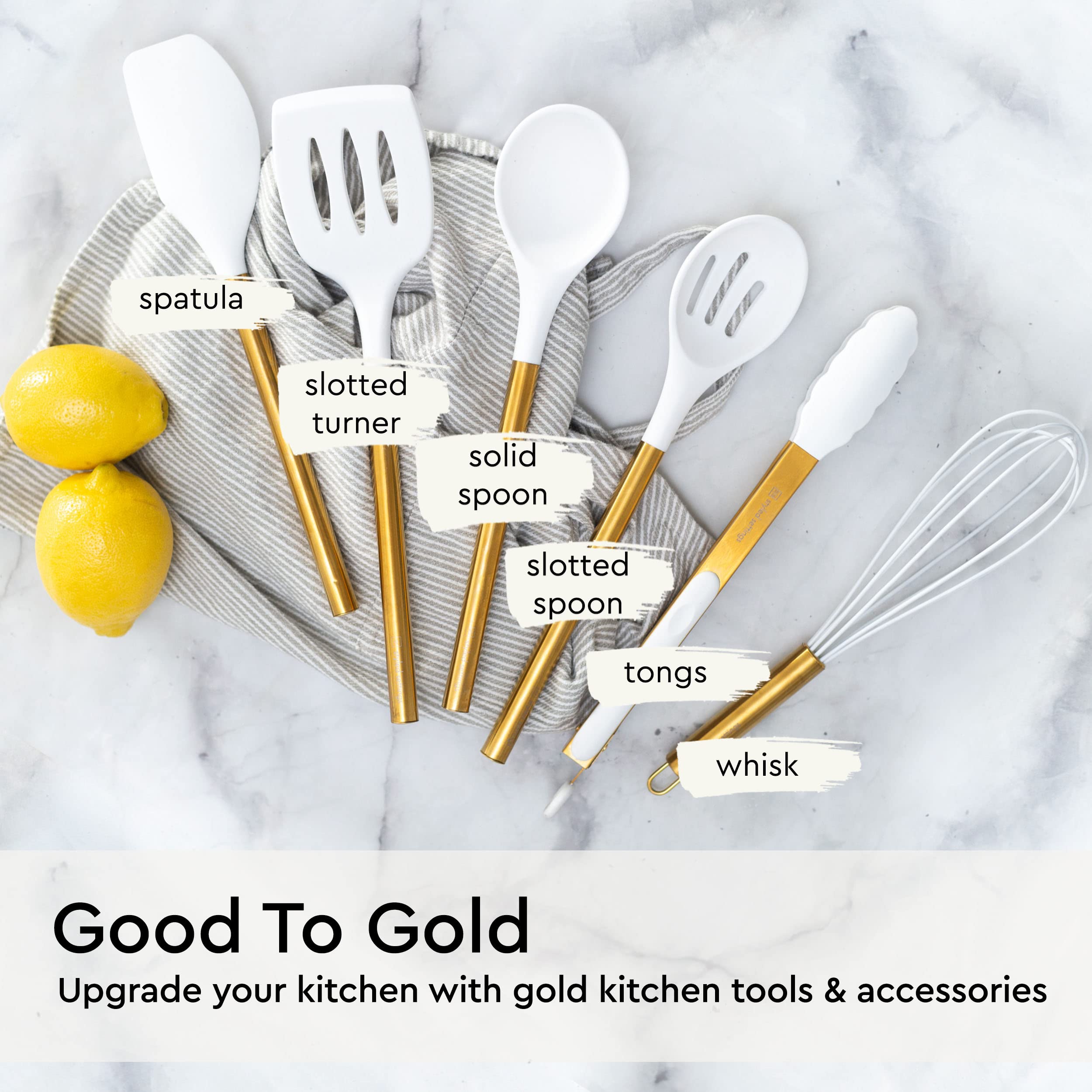 STYLED SETTINGS White and gold design on display — stylish kitchen decor accent.