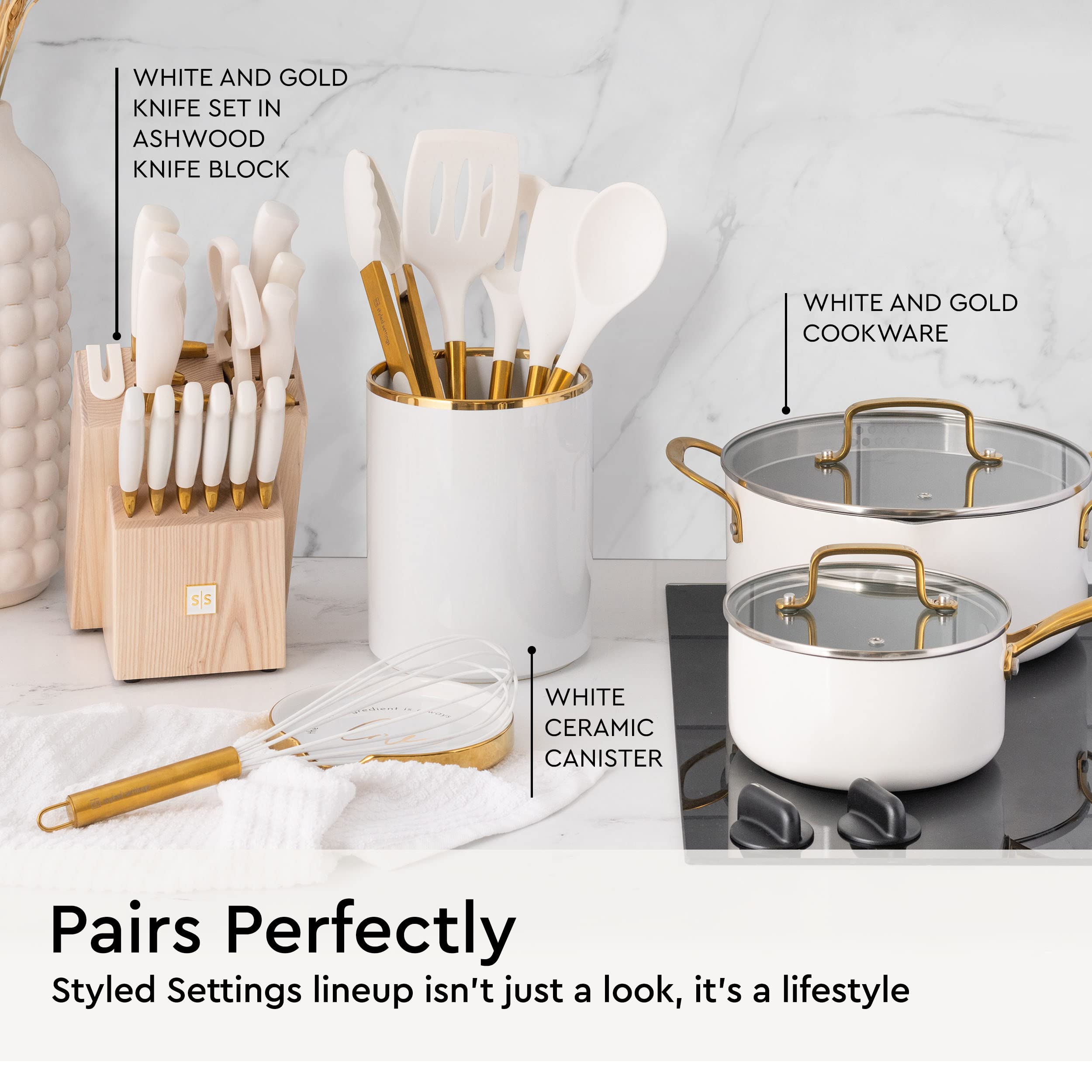 STYLED SETTINGS Gold slotted spoon — drains liquids gently, protects cookware surfaces.