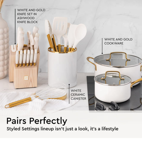 STYLED SETTINGS Gold slotted spoon — drains liquids gently, protects cookware surfaces.