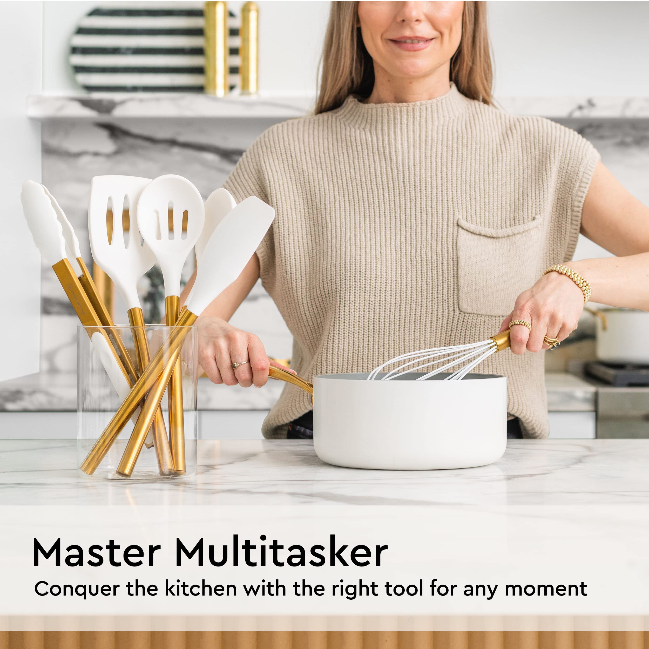 STYLED SETTINGS Gold tongs — precise grip for serving and flipping without scratching.