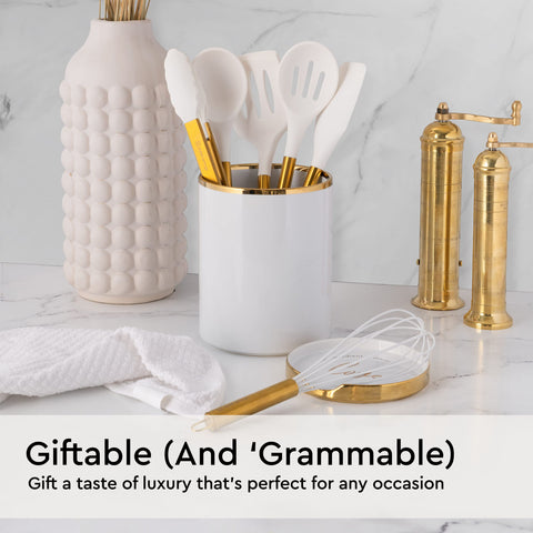 STYLED SETTINGS Gold whisk — lightweight, smooth batter blending without scratching pans.
