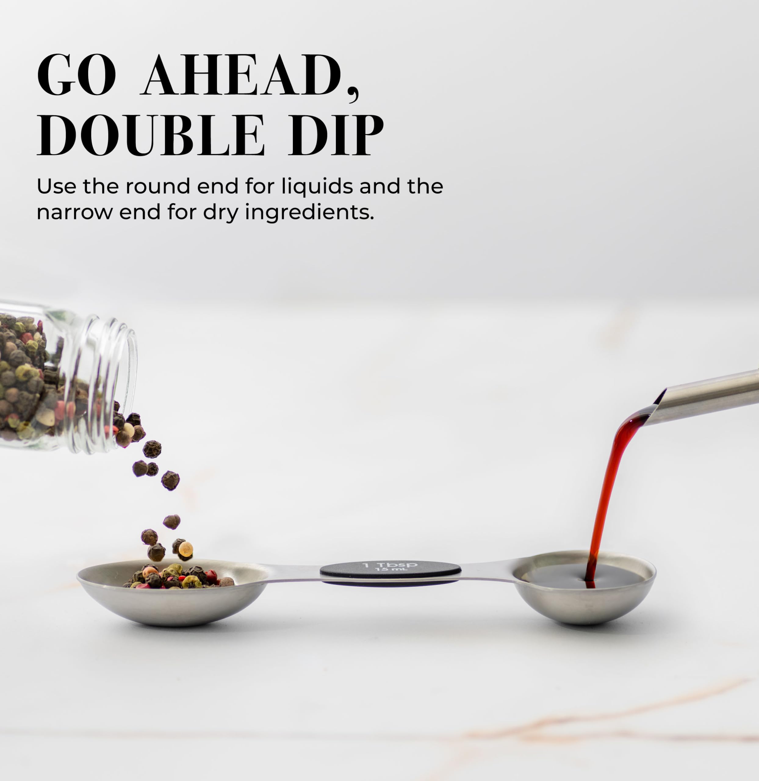STYLED SETTINGS Stanless Steel dual-ended spoons showing both leveler and liquid measure ends.