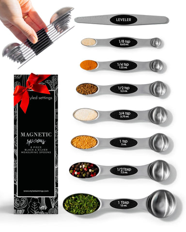 STYLED SETTINGS Stanless Steel measuring spoons with leveler, 8-piece set for precise cooking.