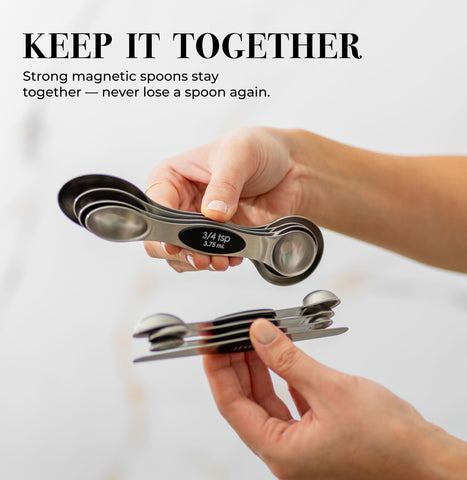 STYLED SETTINGS Stanless Steel measuring spoons stacked magnetically for space-saving storage.