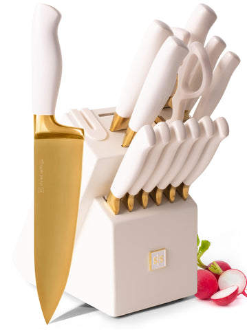 STYLED SETTINGS white and gold knife set with block for elegant storage.