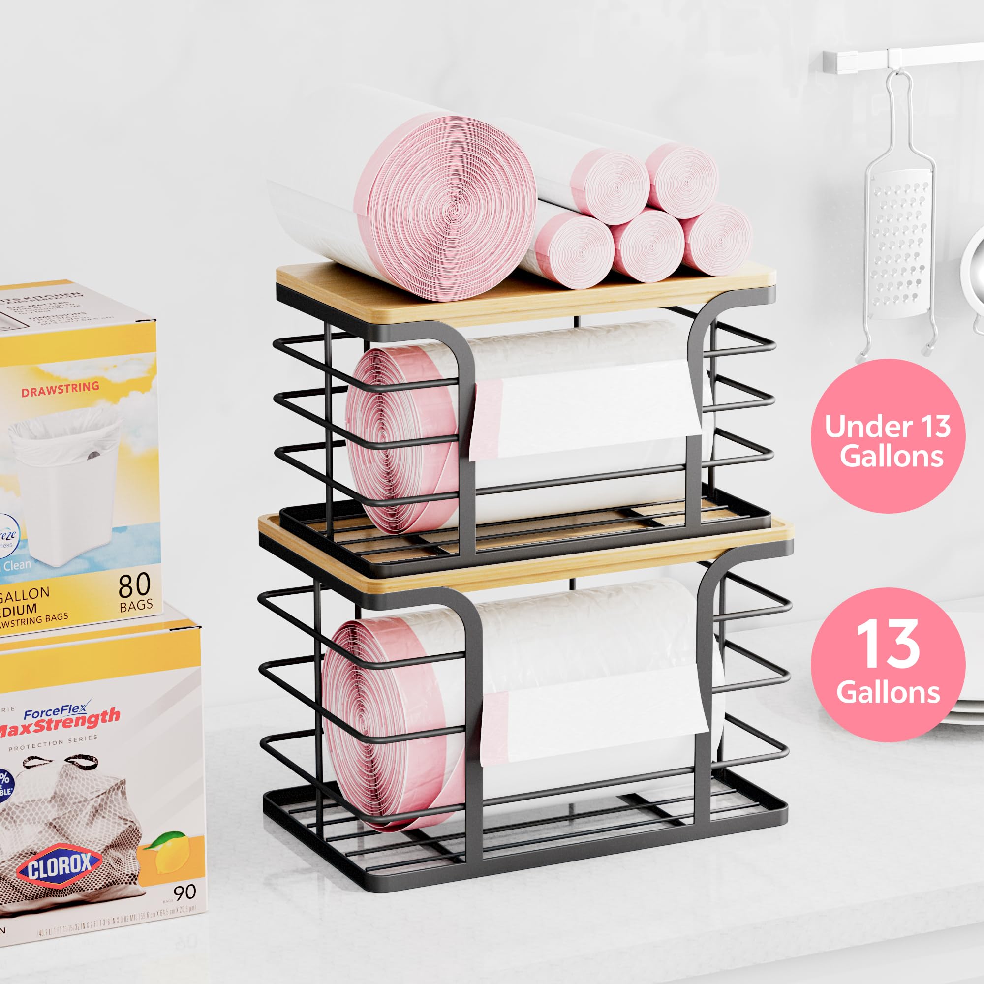 Stylstoreazy stainless steel basket paired with bamboo lid for durable bag storage.