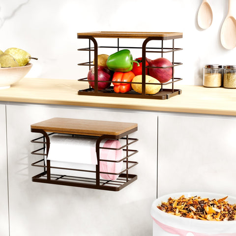 Stylstoreazy countertop storage in brown with bamboo lid keeps bags organized.