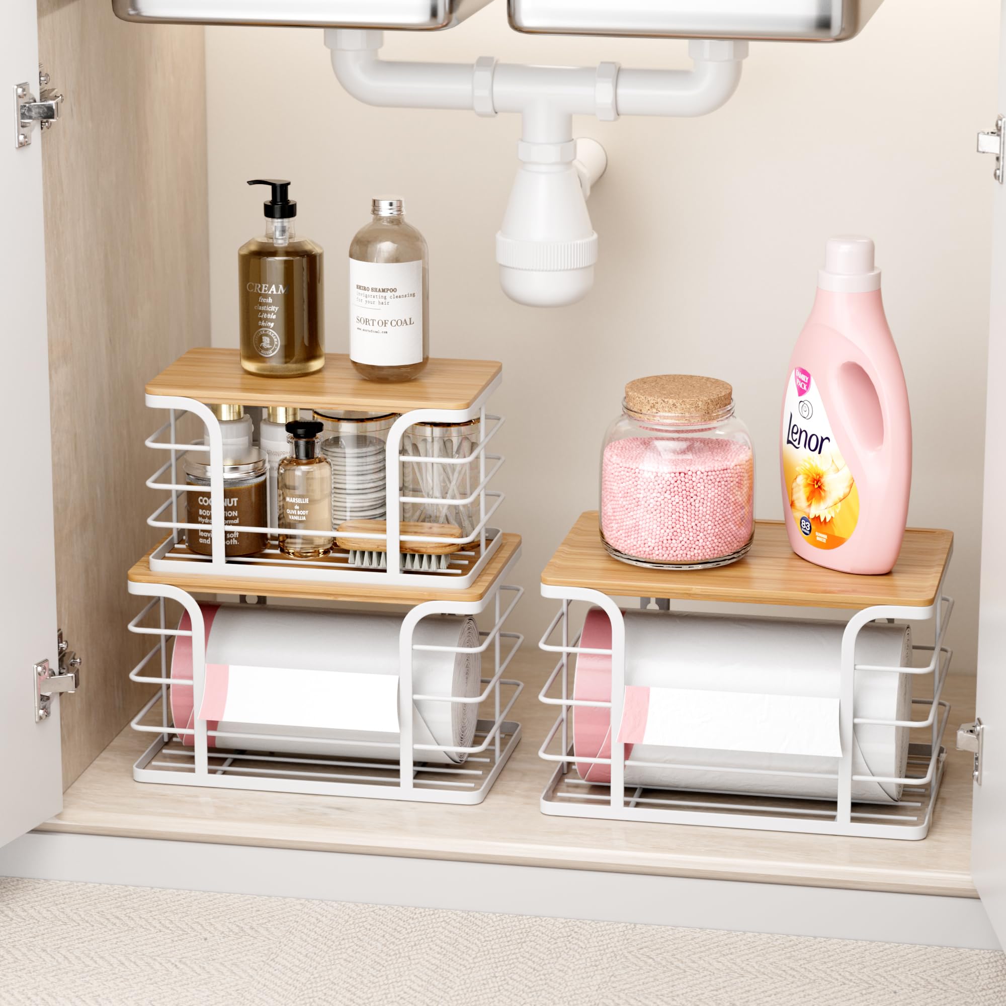 Stylstoreazy multi-use rack stores pantry items, detergents, and more.