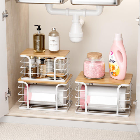 Stylstoreazy multi-use rack stores pantry items, detergents, and more.