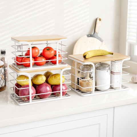 Stylstoreazy stackable pantry organizer on shelf saves vertical space.