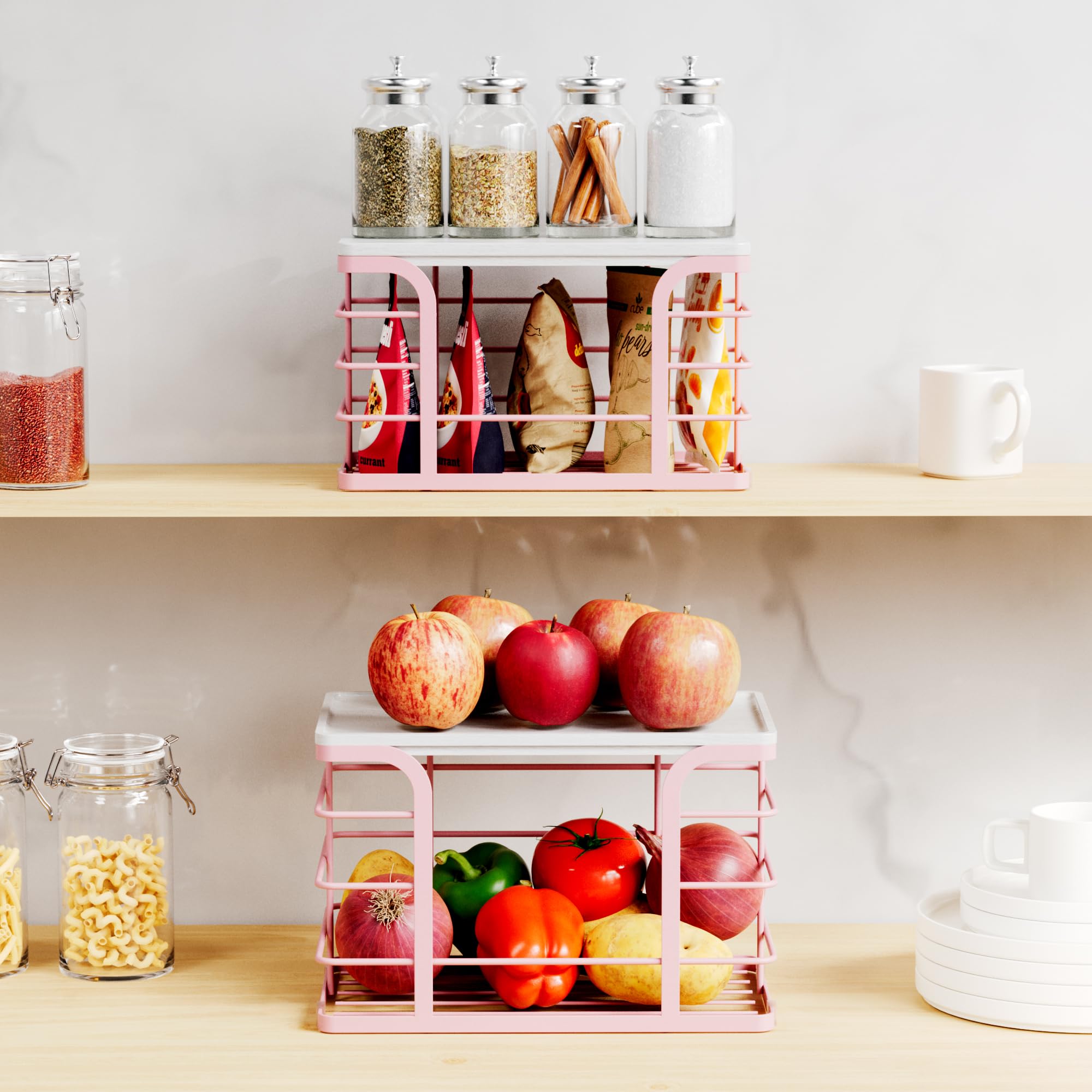 Stylstoreazy stackable storage design saves counter space when paired.