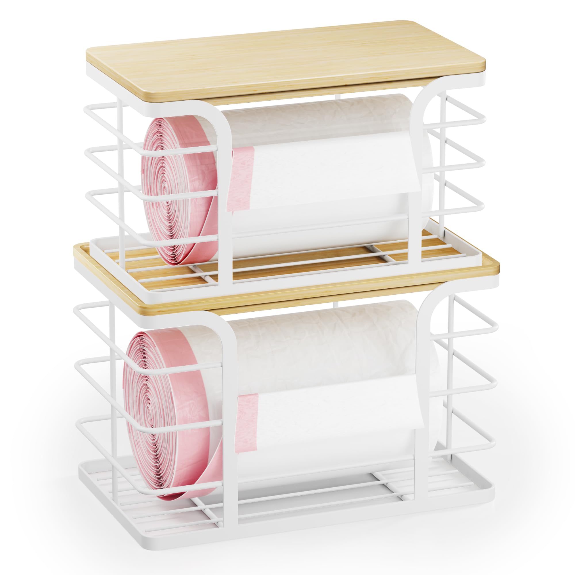 Stylstoreazy trash bag dispenser with bamboo top for easy kitchen access.