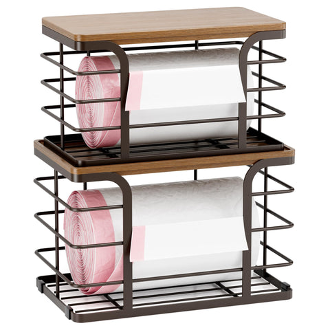 Stylstoreazy large trash bag dispenser with bamboo top for easy countertop access.