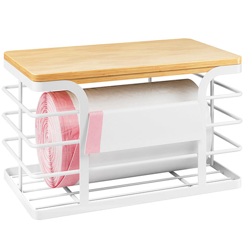 Stylstoreazy trash bag holder with bamboo top closeup highlighting waterproof durability