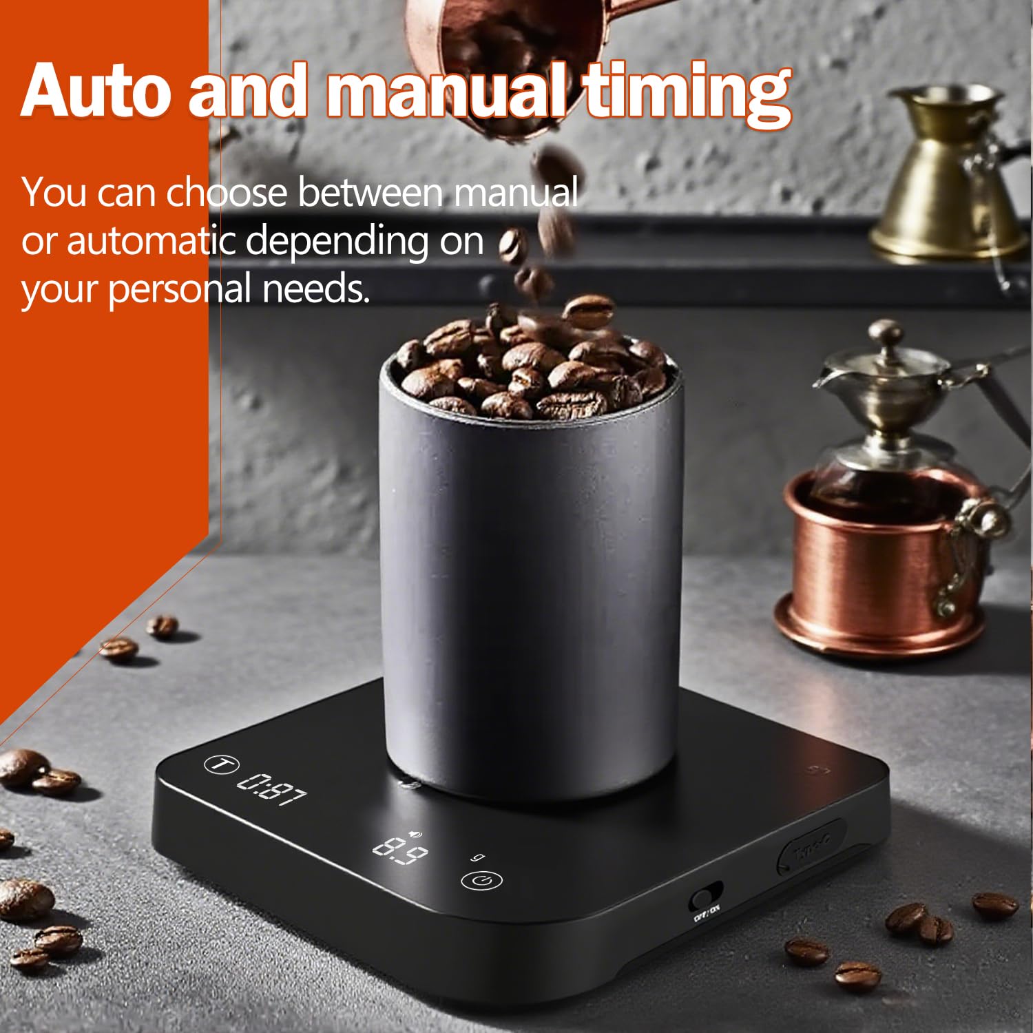 Styuanmmy Mini Coffee Scale with Timer on-tray view demonstrates spill-safe placement