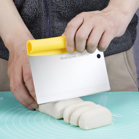 Suanyok dough scraper with flexible handle for easy bowl cleanup.