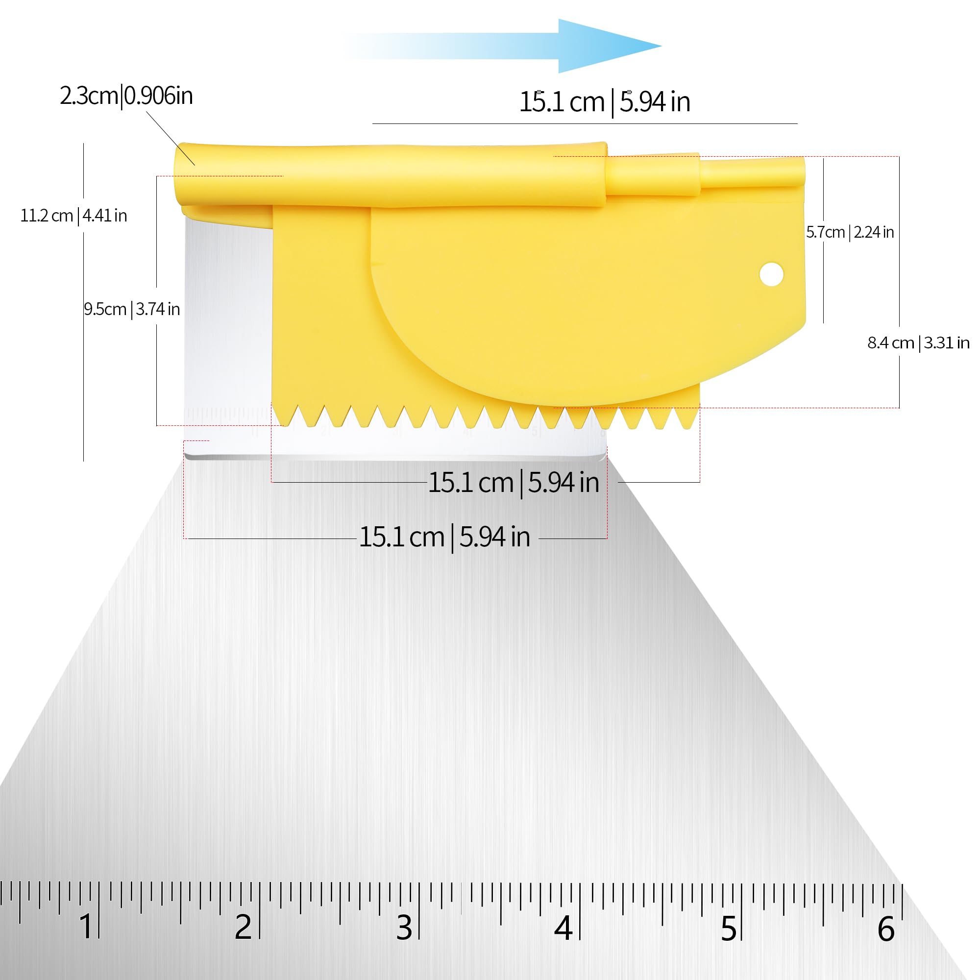 Suanyok stainless dough scraper with measuring scale for quick reference.
