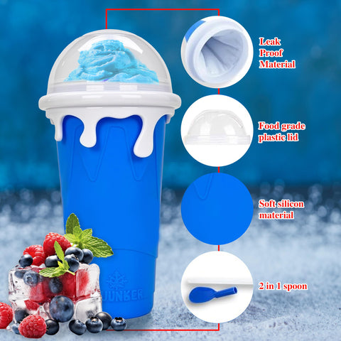 SUB ZERO SLUSH shows the freeze-and-squeeze setup for quick DIY slushies.