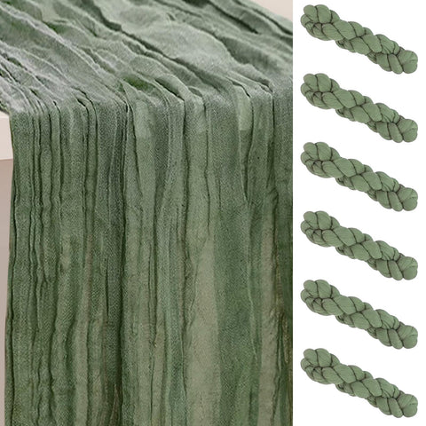 SuBleer sage green cheesecloth table runner on dining table for rustic wedding decor