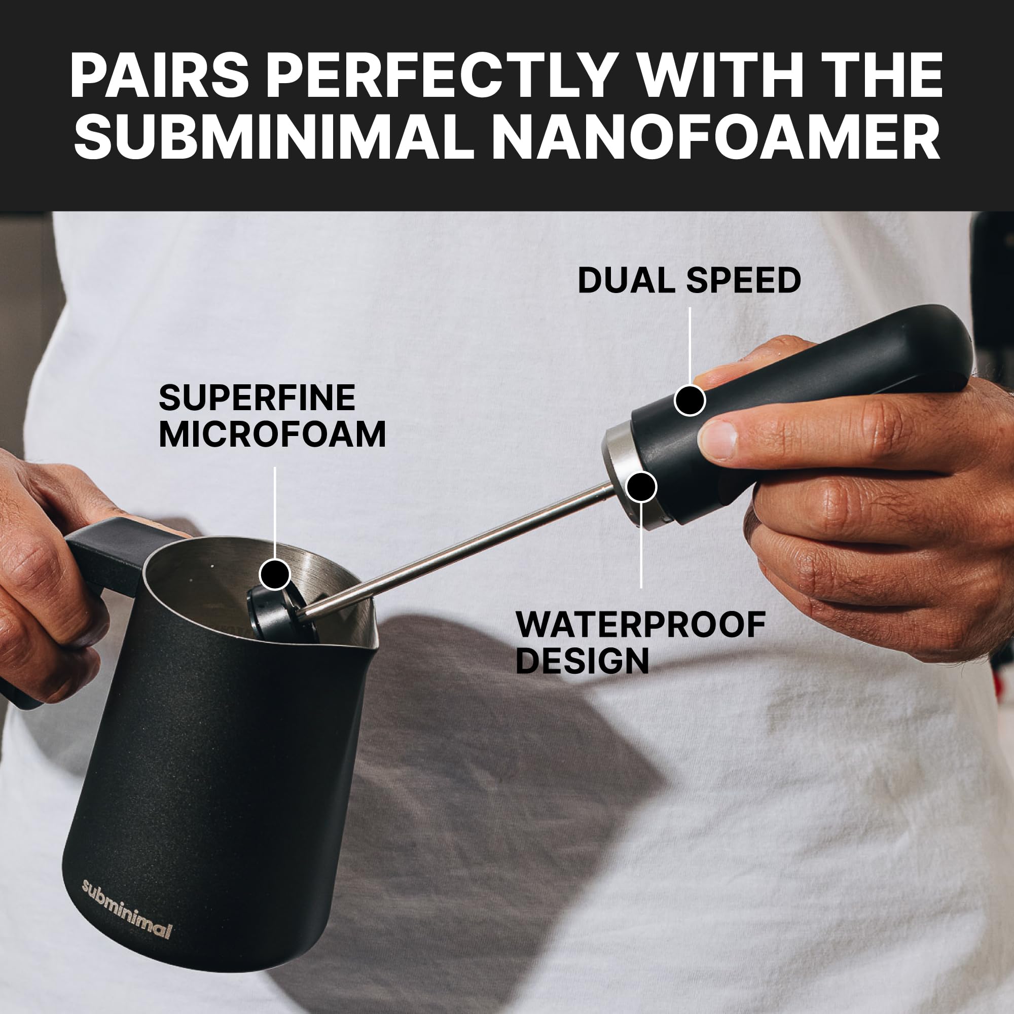 Subminimal FlowTip Milk Jug 450ml capacity for multiple drinks.