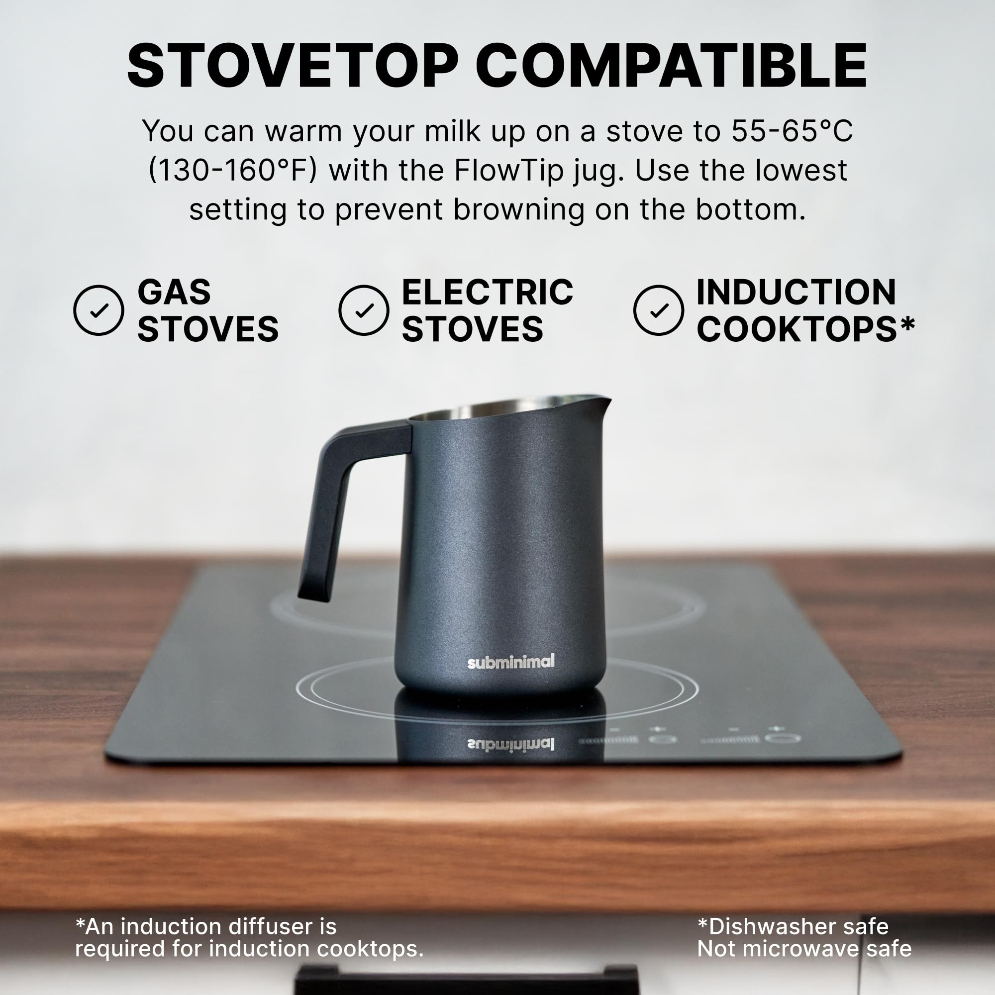 Subminimal FlowTip Milk Jug heat-resistant handle for safe pouring.