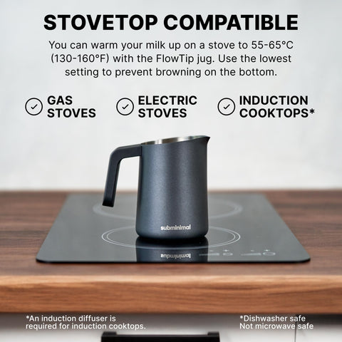 Subminimal FlowTip Milk Jug heat-resistant handle for safe pouring.