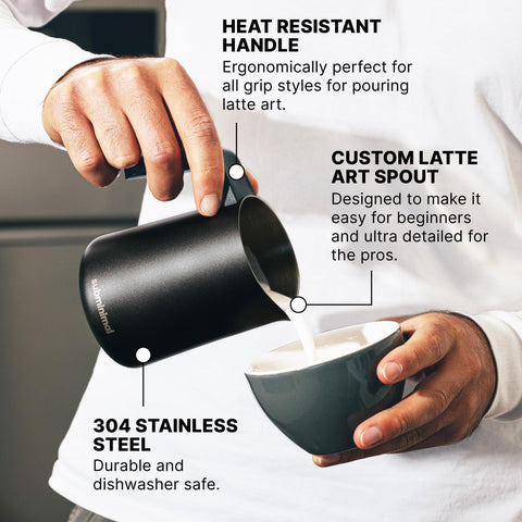 Subminimal FlowTip Milk Jug stovetop-use friendly for warming milk evenly.