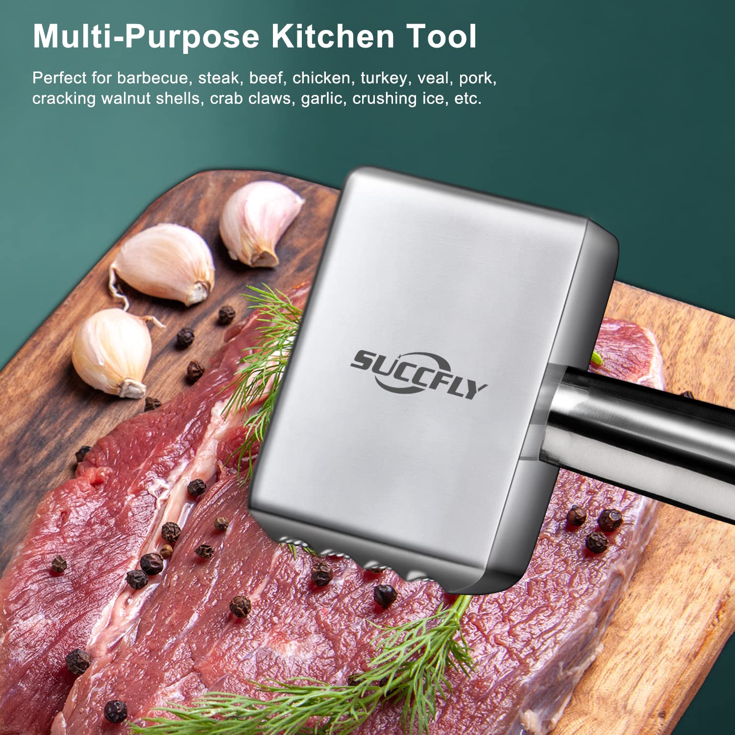 SUCCFLY meat tenderizer with hanging-hook for convenient storage