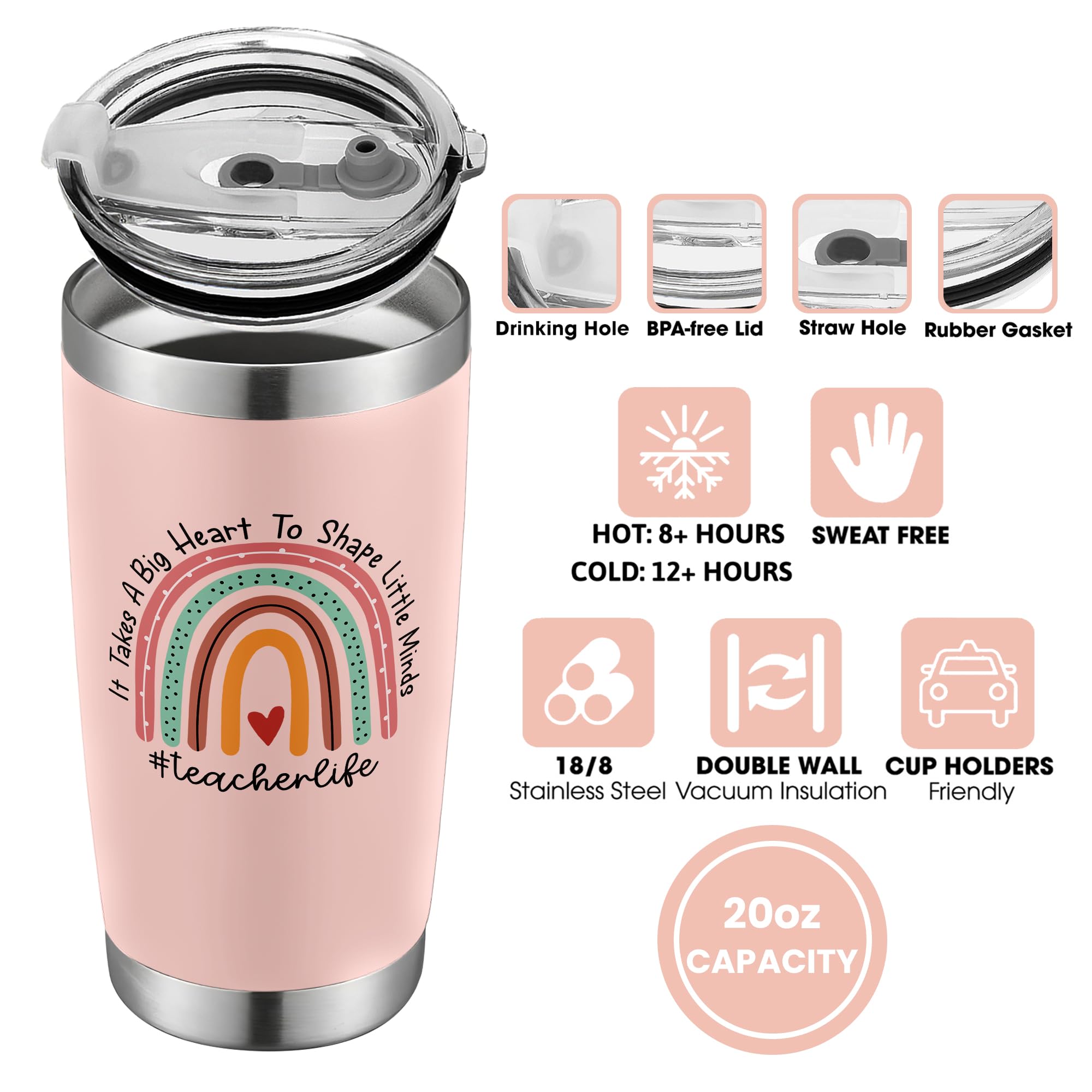 Suchagift teacher tumbler pink lid close-up highlighting durable stainless steel.