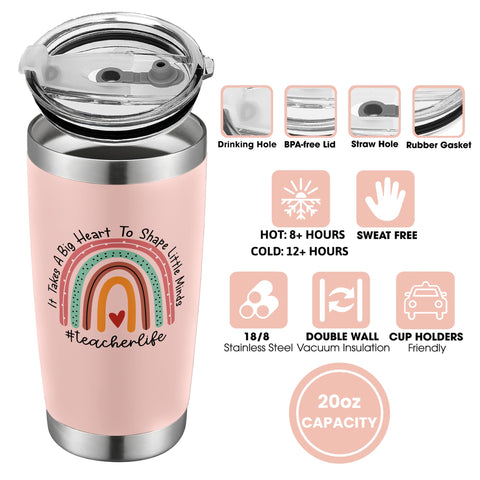 Suchagift teacher tumbler pink lid close-up highlighting durable stainless steel.