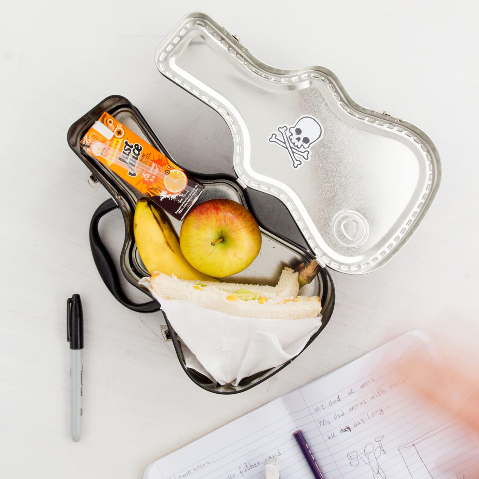 Suck UK guitar-shaped tin lunchbox with stickers for personal flair.