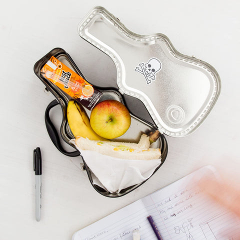 Suck UK guitar-shaped tin lunchbox with stickers for personal flair.