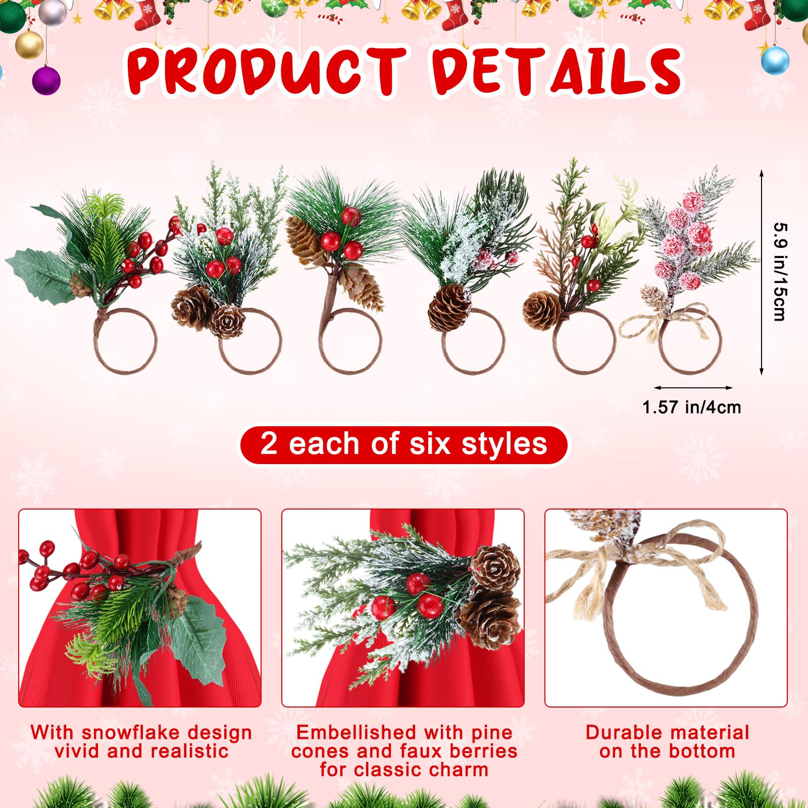 Suclain napkin rings with pine cones and berries for seasonal charm.