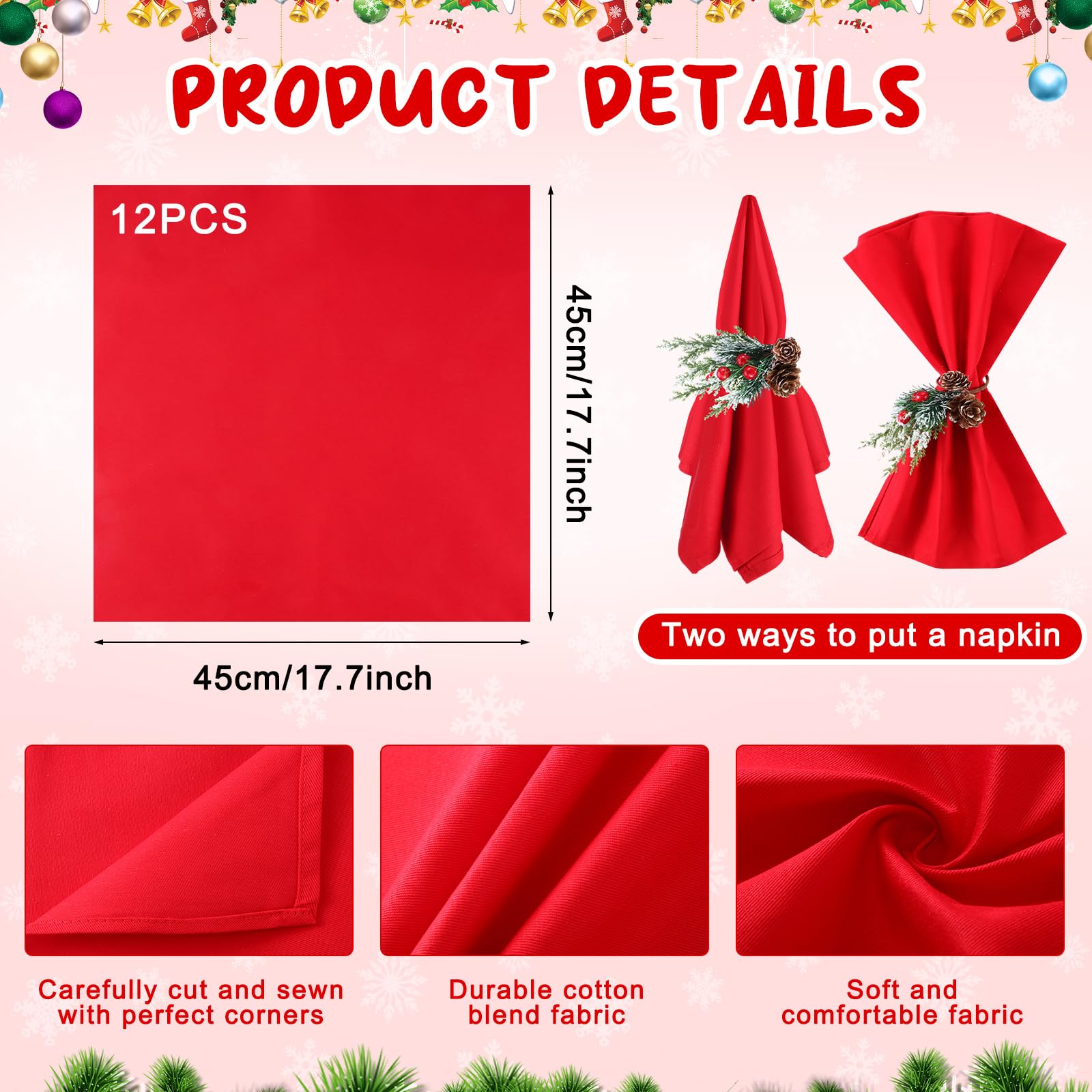 Suclain red cloth napkins provide soft, durable 45x45 cm dining use.