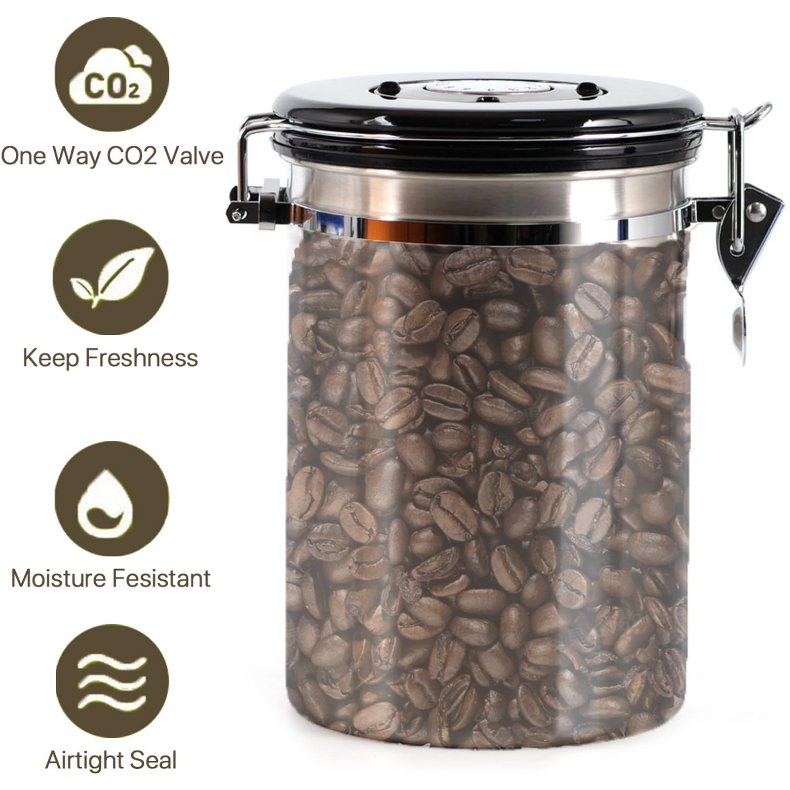 Large 1.8L capacity stores coffee beans or ground coffee.