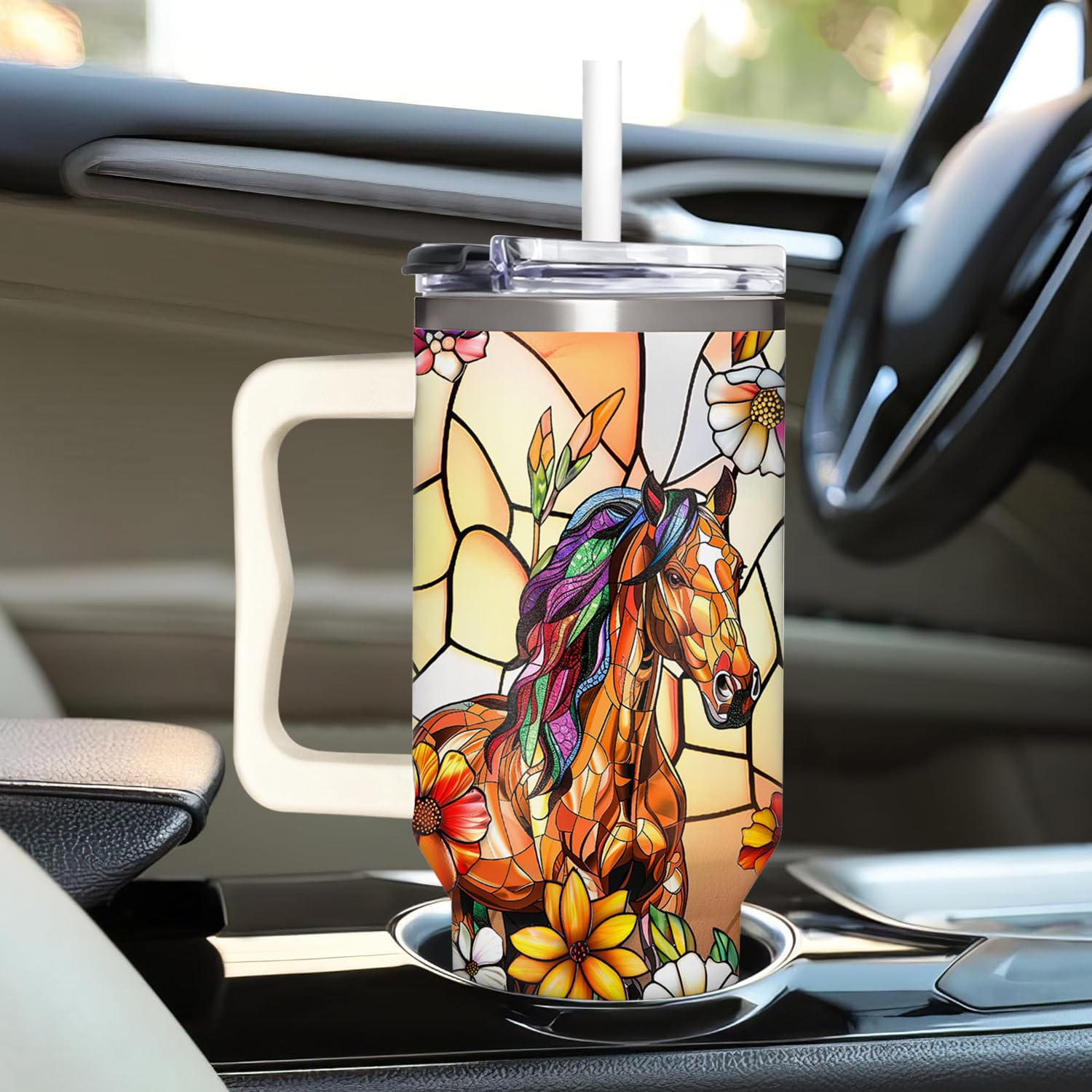 Sufavn 40oz tumbler with handle in action during ride or travel.