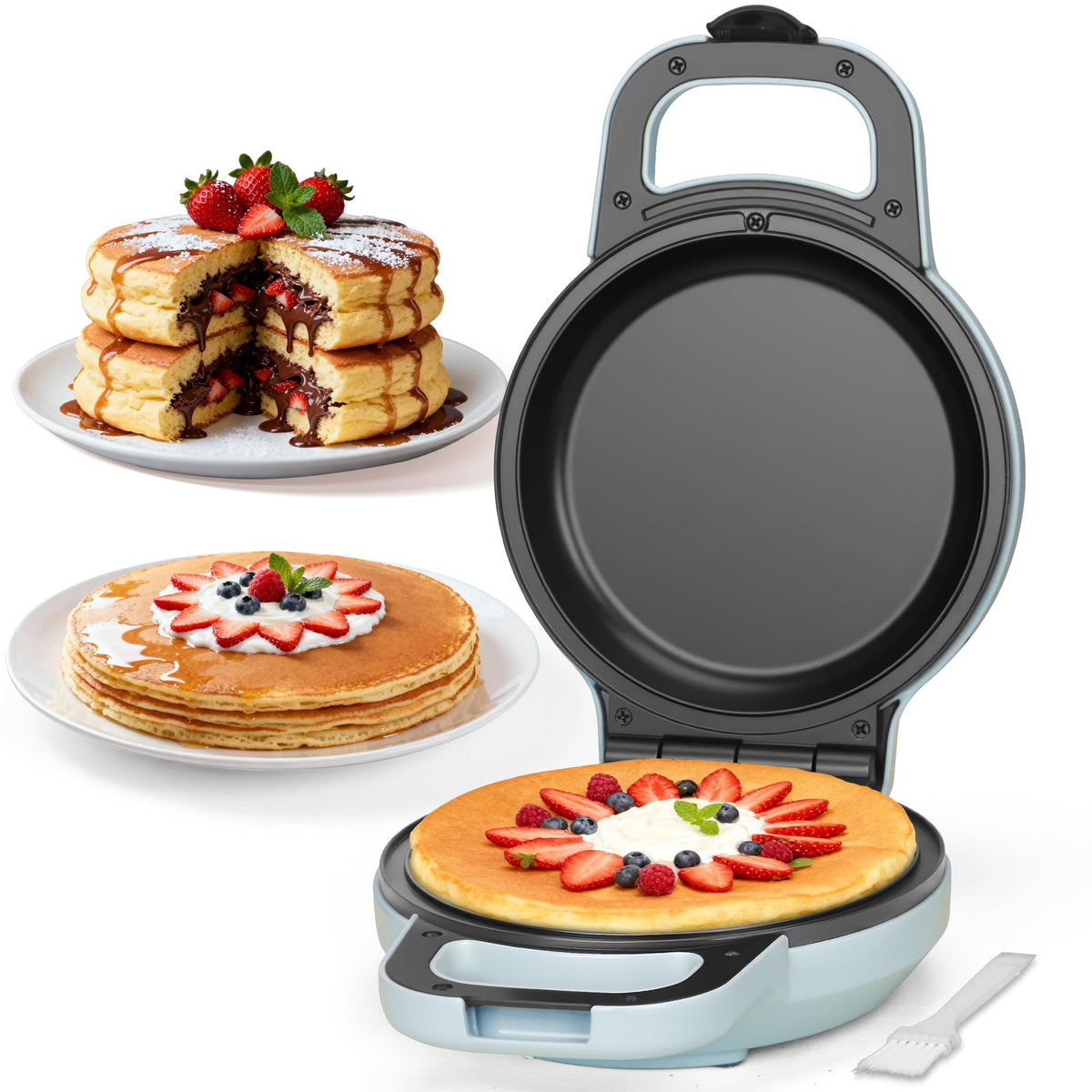 SugarWhisk Flip Pancake Maker front view in pale blue for quick breakfasts
