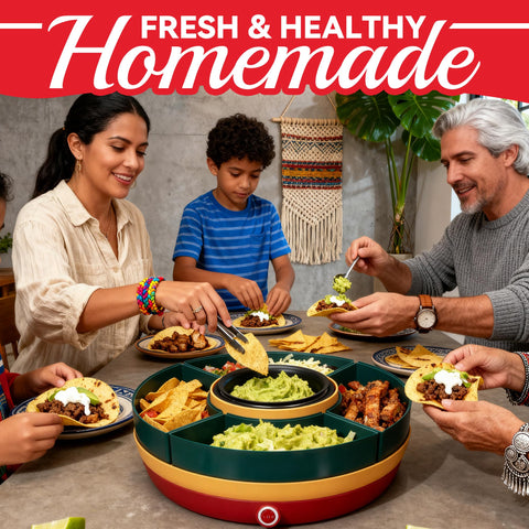 SugarWhisk Lazy Susan Taco Bar nacho fondue setup for melted cheese and dipping
