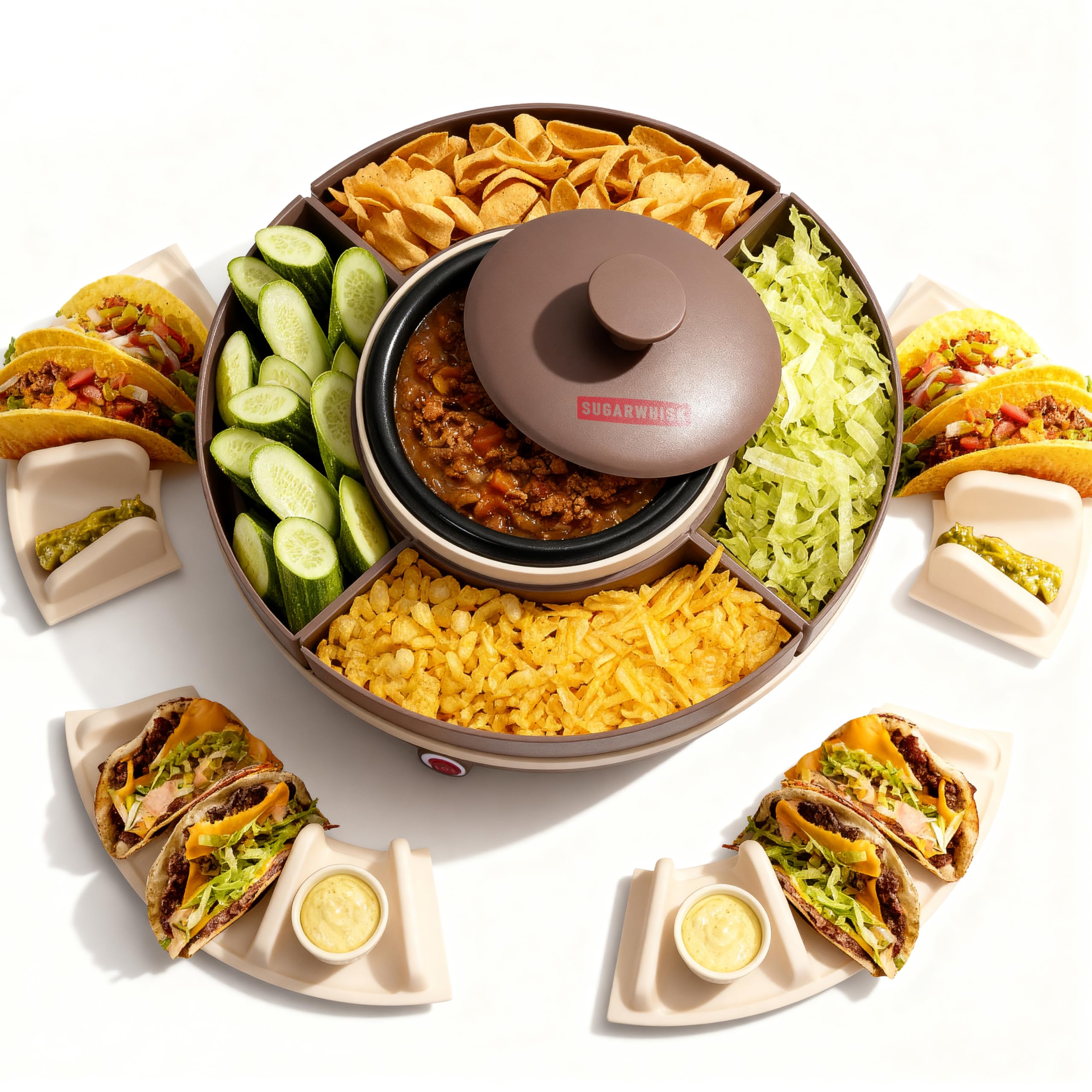 SugarWhisk lazy susan taco bar with rotating toppings for easy serving.